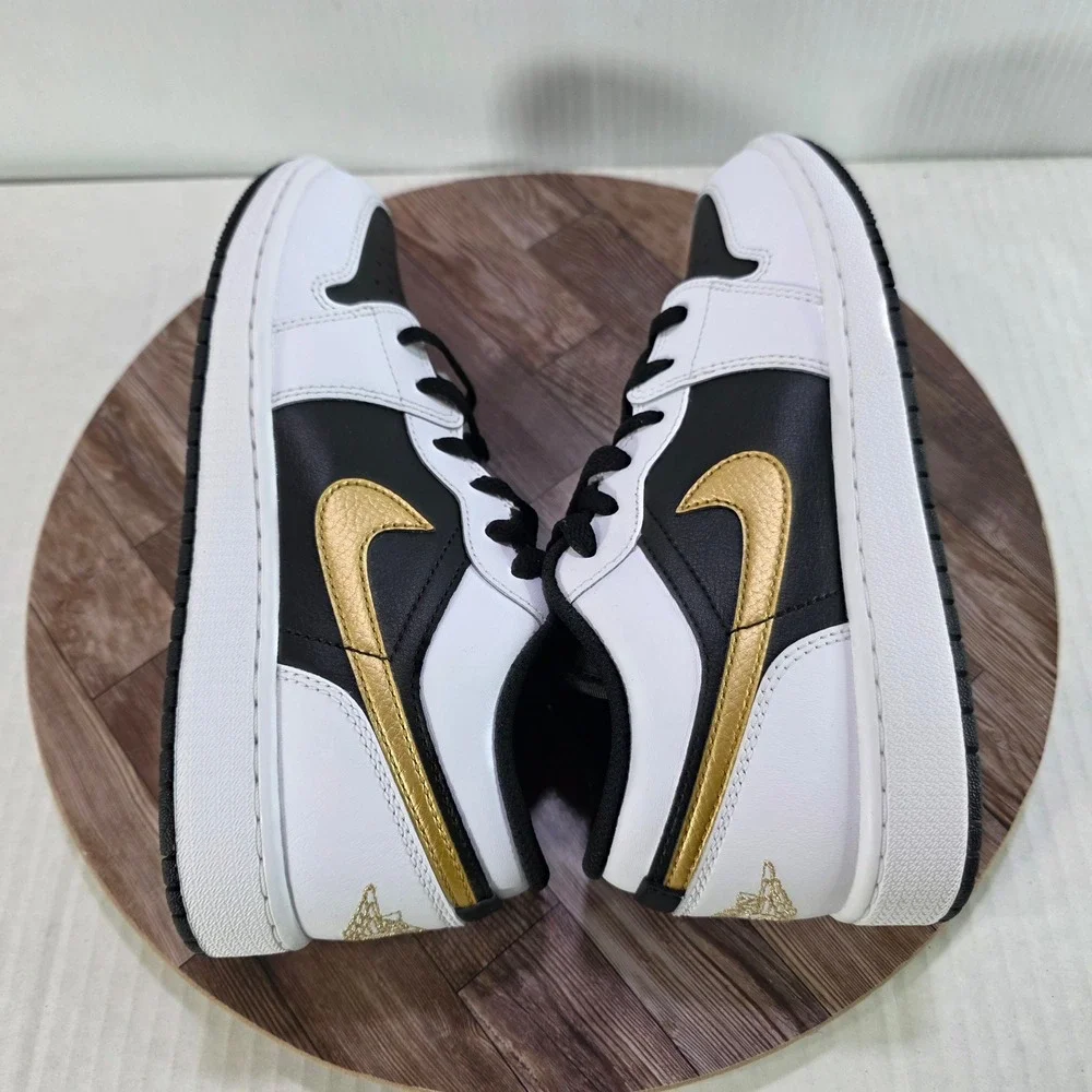 Nike Air Jordan 1 Low Gold Swoosh GS - Kids Size 5.5Y/Womens 7 White Black Gold - Picture 8 of 11